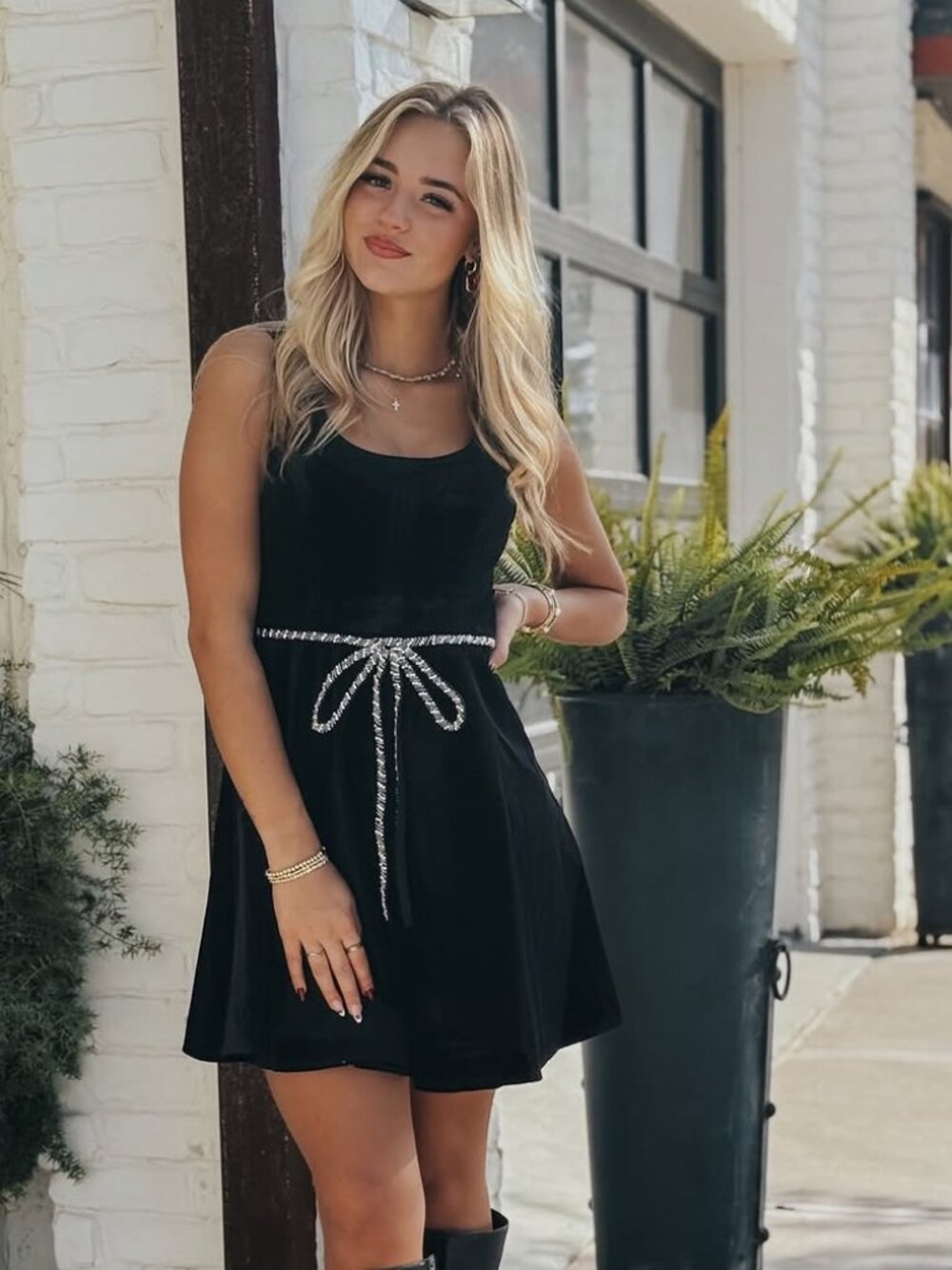 So Me Black Velvet Mini Dress with Silver Rope Tie